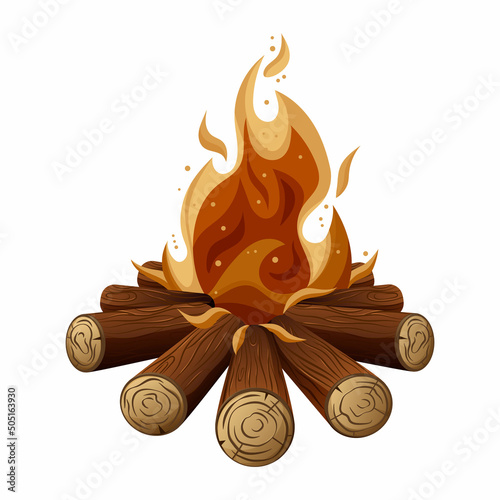 Campfire, vector image of firewood with fire, elements of camping or hiking in the forest for banner, poster, sticker, social media