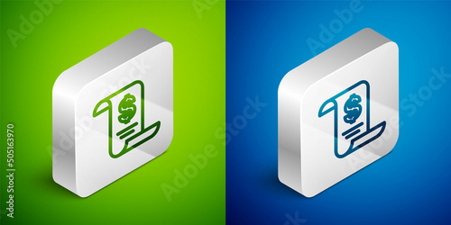Isometric line Paper or financial check icon isolated on green and blue background. Paper print check, shop receipt or bill. Silver square button. Vector
