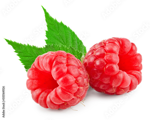 Ripe raspberries with green leaf isolated on white background. clipping path