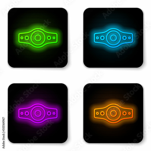Glowing neon line Wrestling championship belt icon isolated on white background. Black square button. Vector