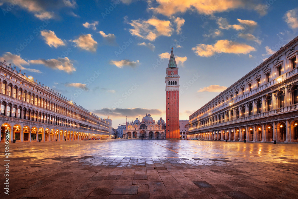 Venice, Italy at St. Mark's Square with the Basilica and Bell Tower