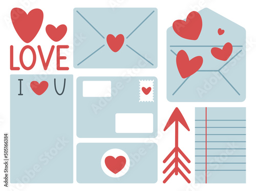 Vector Hand Drawing Set of simple Letters with text and hearts. Valentine’s Day Celebration. Flat Style. Use for poster, card, print, stickers.