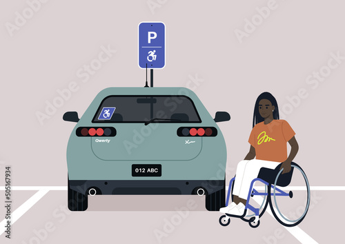 City services, accessible parking lot for a person with disabilities, a young female African character in a wheelchair
