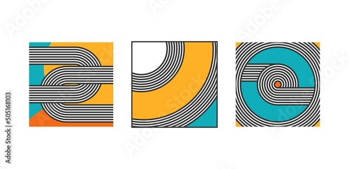 Set of three Abstract Backgrounds. Colorful modern Posters or cards. Round shapes, Lines, Curves. Geometrical Design. Minimalistic trendy concept. Square isolated Patterns. Every poster is isolated