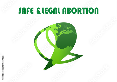 Símbolo del aborto legal y seguro con el relleno del planeta Tierra en tonos verdes y con títulos en inglés