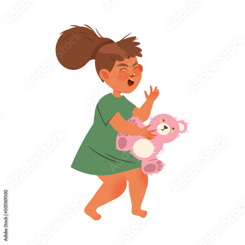 Little Girl Shouting Out Loud Pulling Teddy Bear Engaged in Warring and Fighting Vector Illustration