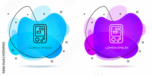 Line Portable tetris electronic game icon isolated on white background. Vintage style pocket brick game. Interactive playing device. Abstract banner with liquid shapes. Vector