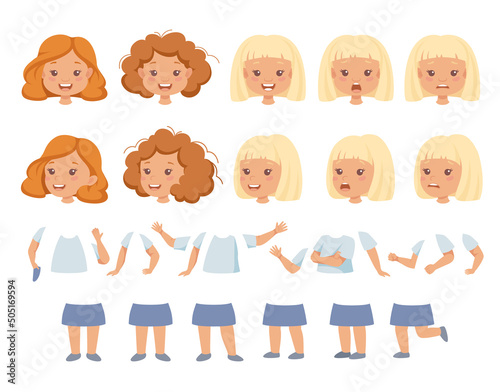 Little Girl Character Constructor with Body Parts and Face Emotion Vector Set
