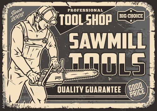 Man with chainsaw monochrome poster