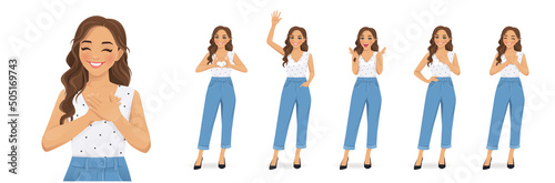 Young woman with curly hairstyle showing positive emotions with different gestures set. Isolated vector ilustration set.