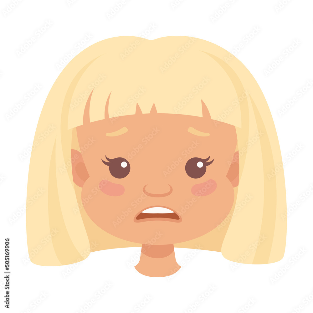 Little Blond Girl Character Face with Short Haircut Feeling Sadness Front View Vector Illustration