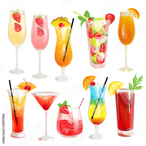A set of summer alcoholic cocktails.Refreshing drinks: bellini, rainbow cocktail, sunrise tequila, Bloody Mary, Manhattan, champagne with strawberries, strawberry mojito, Mai tai.Beverage concept