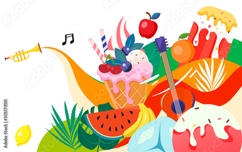 Summer music party, summer food ice cream to cool off the heat, vector illustration