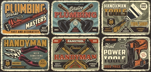 Work tools colorful vintage posters set