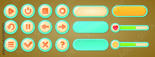 Game design interface with glossy buttons and panels. Vector cartoon set of ui elements different colors, circle buttons with icons, bars, sliders, arrows and login frame