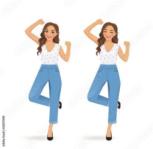 Young woman with curly hairstyle in casual style clothes dancing and jumping isolated vector illustration