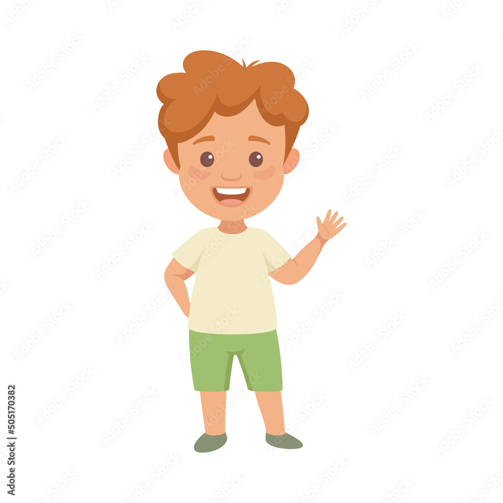 Smiling Little Boy Character in Green Shorts in Standing Pose Waving Hand Front View Vector Illustration