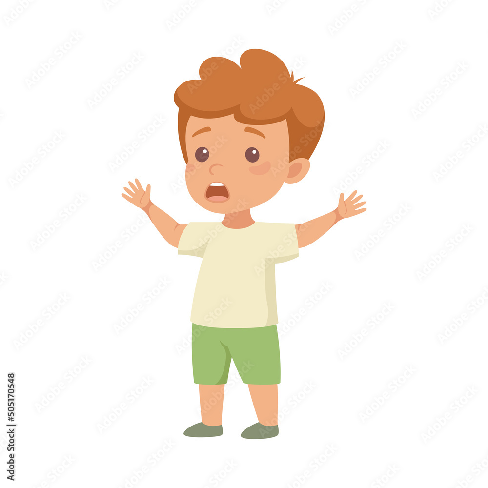 Shocked Little Boy Character in Green Shorts in Standing Pose Gasping Side View Vector Illustration