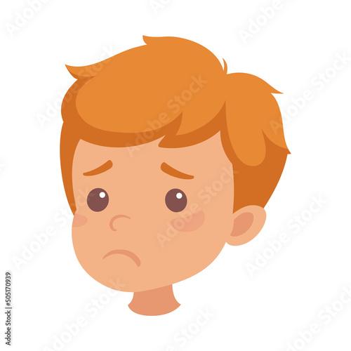 Little Redhead Boy Character Face Feeling Sadness Side View Vector Illustration