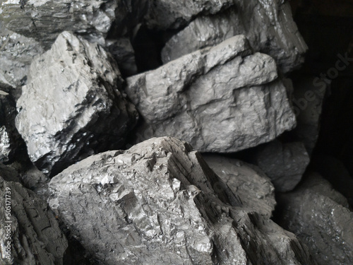 Coal industry. Chunks of black coal close-up. Fuel harvesting