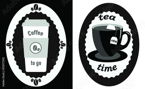 Cup of tea with a bag. Black and white background. Disposable cup of coffee. Black and white background. Sticker cup of coffee and tea. Picture on paper and plastic cup.
