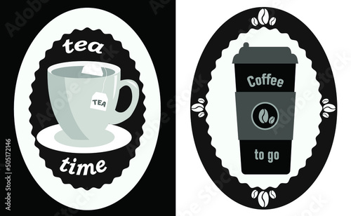 Cup of tea with a bag. Black and white background. Disposable cup of coffee. Sticker cup of coffee and tea. Picture on paper and plastic cup.
