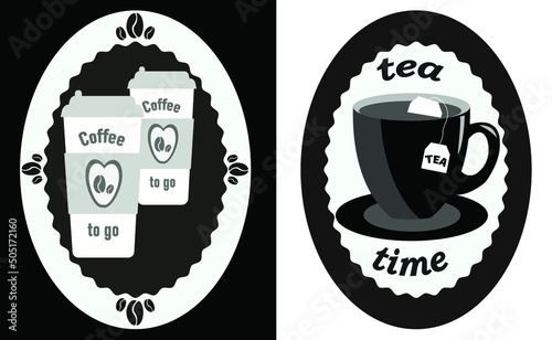 Cup of tea with a bag. Disposable cup of coffee. Sticker cup of coffee and tea. Black and white background. Picture on paper and plastic cup.