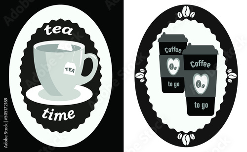 Cup of tea with a bag. Disposable cup of coffee. Sticker cup of coffee and tea. Picture on paper and plastic cup. Black and white background.