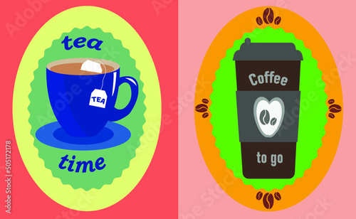 Cup of tea with a bag. Disposable cup of coffee. Sticker cup of coffee and tea. Picture on paper and plastic cup. Red and yellow background.