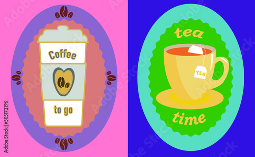 Cup of tea with a bag. Light and pastel background. Disposable cup of coffee. Sticker cup of coffee and tea. Picture on paper and plastic cup.