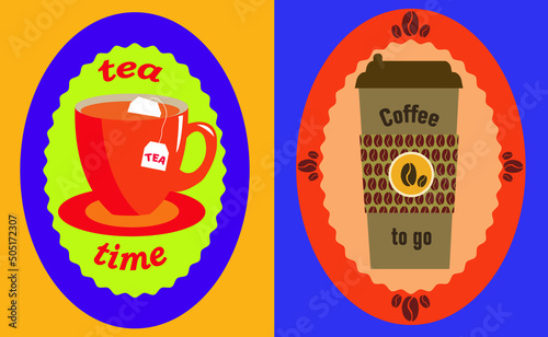 Picture on paper and plastic cup. Light and pastel background. Disposable cup of coffee. Cup of tea with a bag. Sticker cup of coffee and tea.