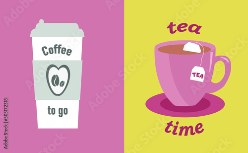 Picture on paper and plastic cup. Light background. Cup of tea with a bag. Sticker cup of coffee and tea. Disposable cup of coffee. Black and white background.