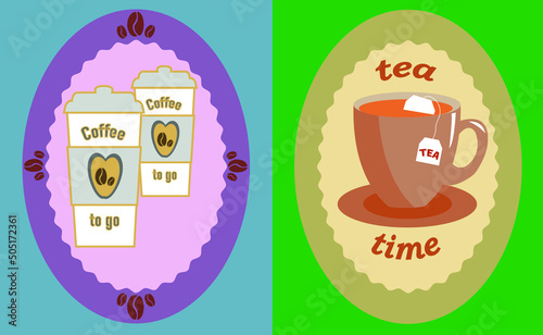 Sticker cup of coffee and tea. Picture on paper and plastic cup. Light and pastel background. Disposable cup of coffee. Cup of tea with a bag.