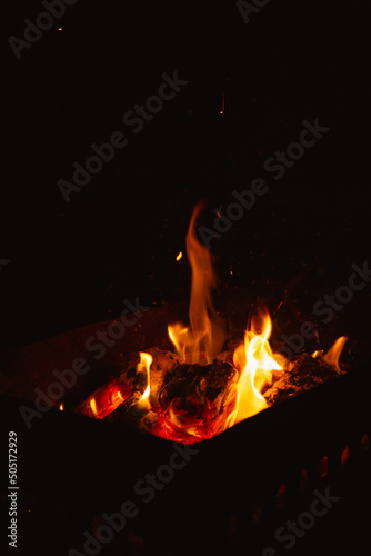 burning firewood in the brazier at night, flames of fire in the dark © Олеся Флока