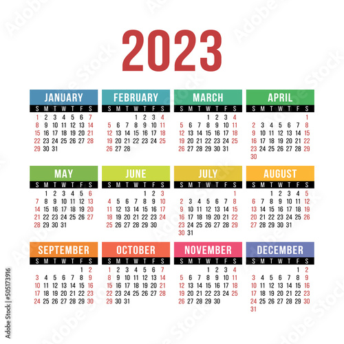 Calendar design 2023 year. English colorful vector square wall or pocket calender template