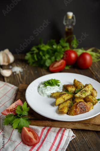 baked new potatoes on a white plate with sauce, herbs and tomatoes