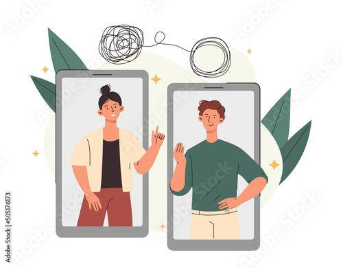 Business problem solving concept. Young male financial consultant unravels tangle of problems and difficulties and answers questions of female entrepreneur. Cartoon modern flat vector illustration