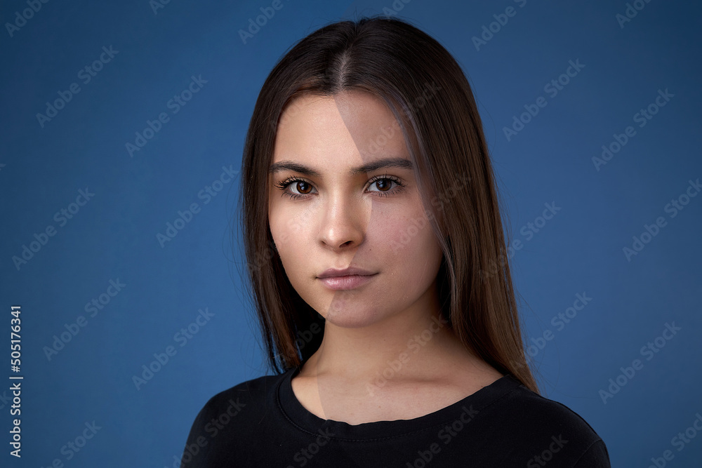 portrait of a young brunette lady with before and after skin retouching.