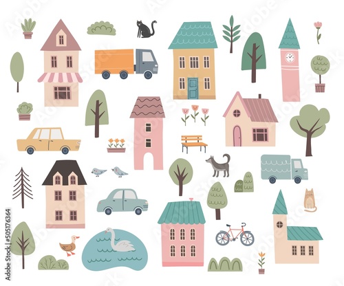 Cartoon map creator, buildings icons. Small tiny houses, trees, animals, cars vector set. Cute town elements in hand draw style
