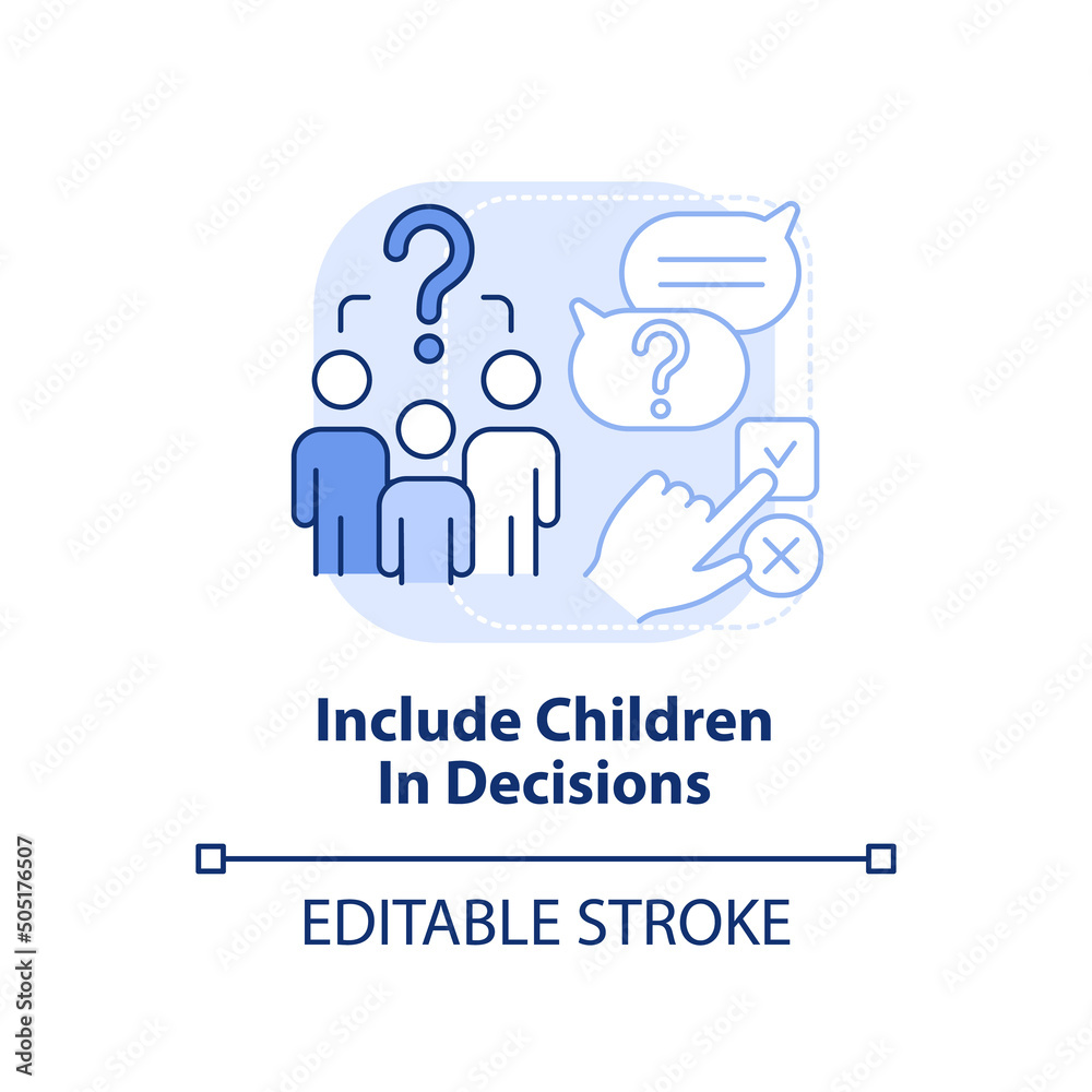 Include children in decisions light blue concept icon. Encouraging teamwork abstract idea thin line illustration. Isolated outline drawing. Editable stroke. Arial, Myriad Pro-Bold fonts used Include children in decisions light blue concept icon. Encouraging teamwork abstract idea thin line illustration. Isolated outline drawing. Editable stroke. Arial, Myriad Pro-Bold fonts used