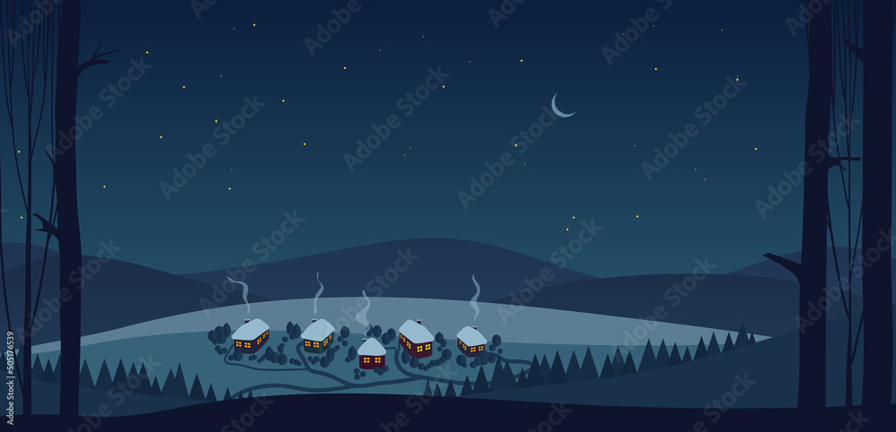 Fototapeta premium Christmas village at night vector illustration. Cartoon cold snowy winter scene with trees, houses and cottages with magic lights in windows, pathways under blue sky background. Countryside concept