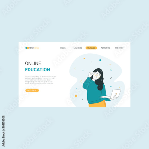 Online Education Landing Page Template.  Distant Studying. Laptop. Vector Illustration
