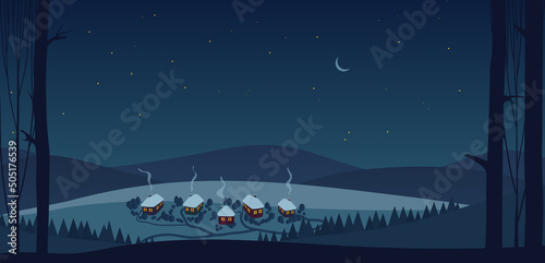 Christmas village at night vector illustration. Cartoon cold snowy winter scene with trees, houses and cottages with magic lights in windows, pathways under blue sky background. Countryside concept
