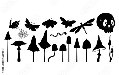 Mystical mushroom, butterfly, moth, dragonfly and skull silhouettes bundle, hand drawn fungi and insects isolated clip art , hand drawn mush in black solid form, vector illustration set