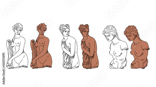 Graceful ancient Greek statues of a goddess and a nymph, vector black white and terracotta sculptures of female figures, hand drawn women bodies isolated clip art bundle