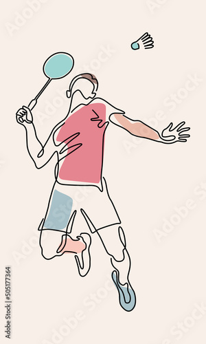 Single continuous one line drawing of badminton player jump and smash the shuttlecock. Trendy monoline draw design vector illustration for badminton tournament publication