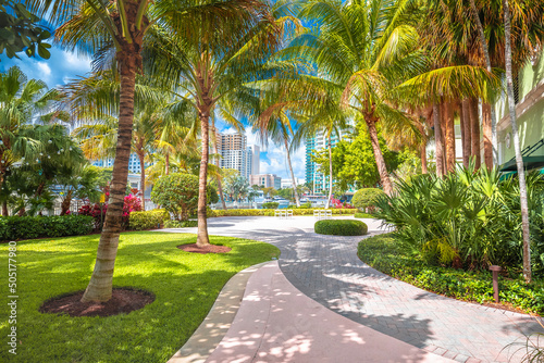 Fort Lauderdale green waterfront park walkway view, south Florida © xbrchx