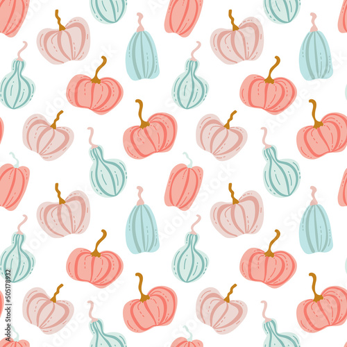 Pattern of colored pumpkins. Seamless pattern hand-drawn sketches of pumpkins of different shapes of pastel colors.