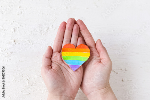 International Day Against Homophobia, Transphobia and Biphobia. May 17. Stop Homophobia. Heart with rainbow LGBT flag in the hands on white background. photo