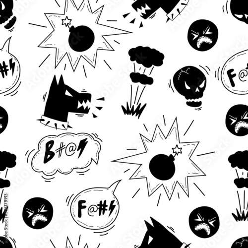 Curse swear seamless pattern. Doodle hand drawn speech bubble swear words symbols. Comic speech bubble with curses, skull, rage dog, explosion. Angry face emoji. Vector illustration isolated on white.